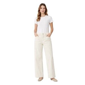 New NWOT Ann Mashburn Size S Cream Corduroy Wide-Leg Hi-Rise Pants Women Stretch